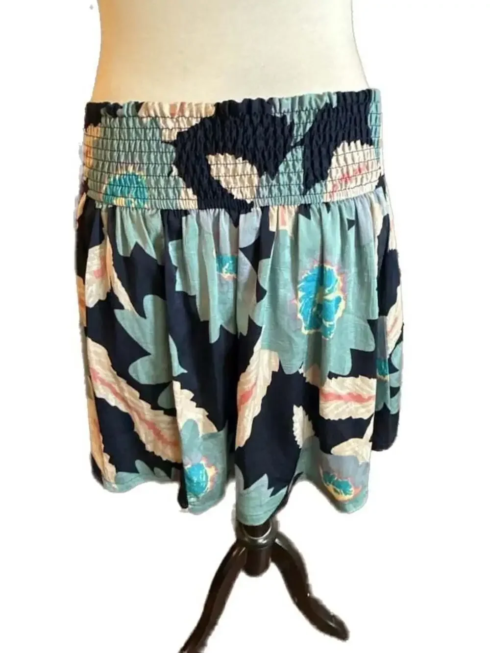 Free People Blue Floral Pleated Smocked Waist Mini Skirt, Size S